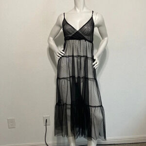 Black Polka Dot Sheer Sleeveless V-Neck Pullover Tiered Midi Dress Size M/L